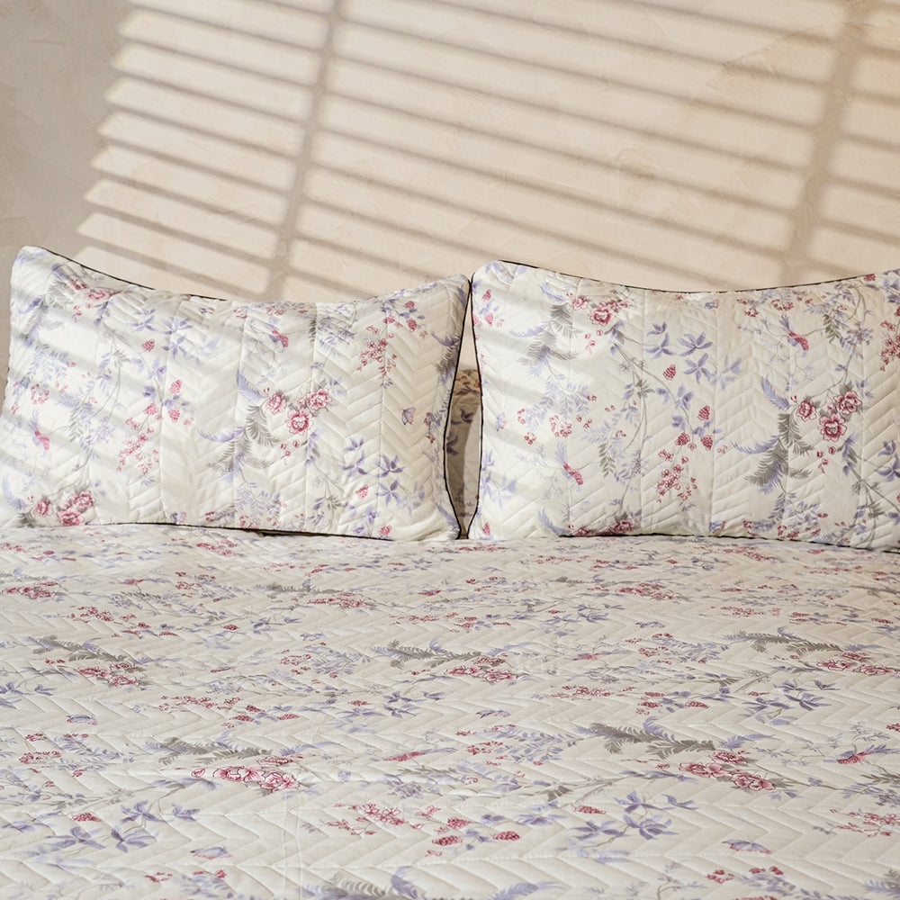 Pure Cotton -Ivory Floral Print Quilted Bedcover