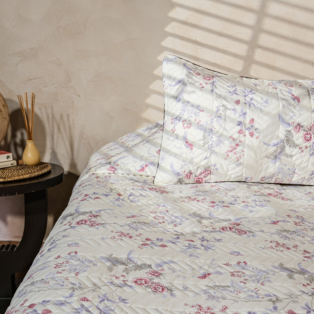 Pure Cotton -Ivory Floral Print Quilted Bedcover