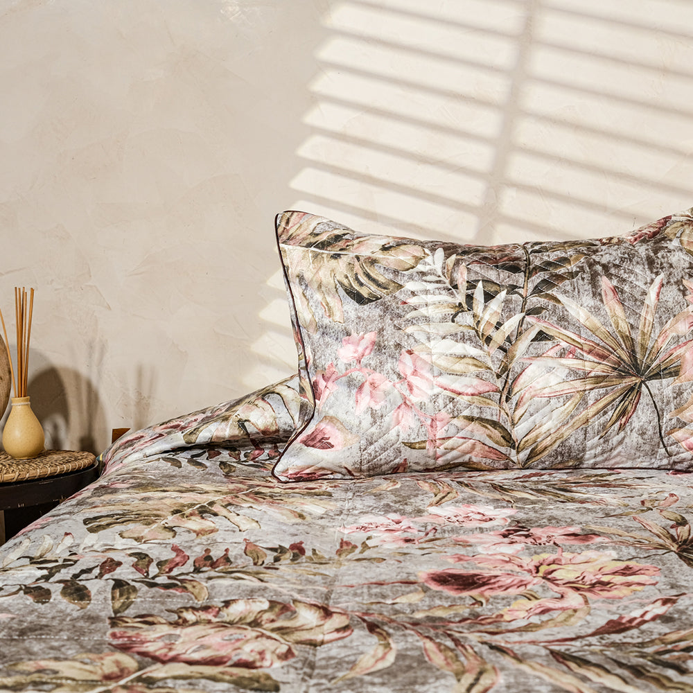 Pure Cotton- Ivory &amp; Brown Leaf Motif Quilted Bed Cover