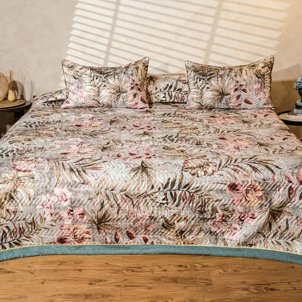 Pure Cotton- Ivory &amp; Brown Leaf Motif Quilted Bed Cover