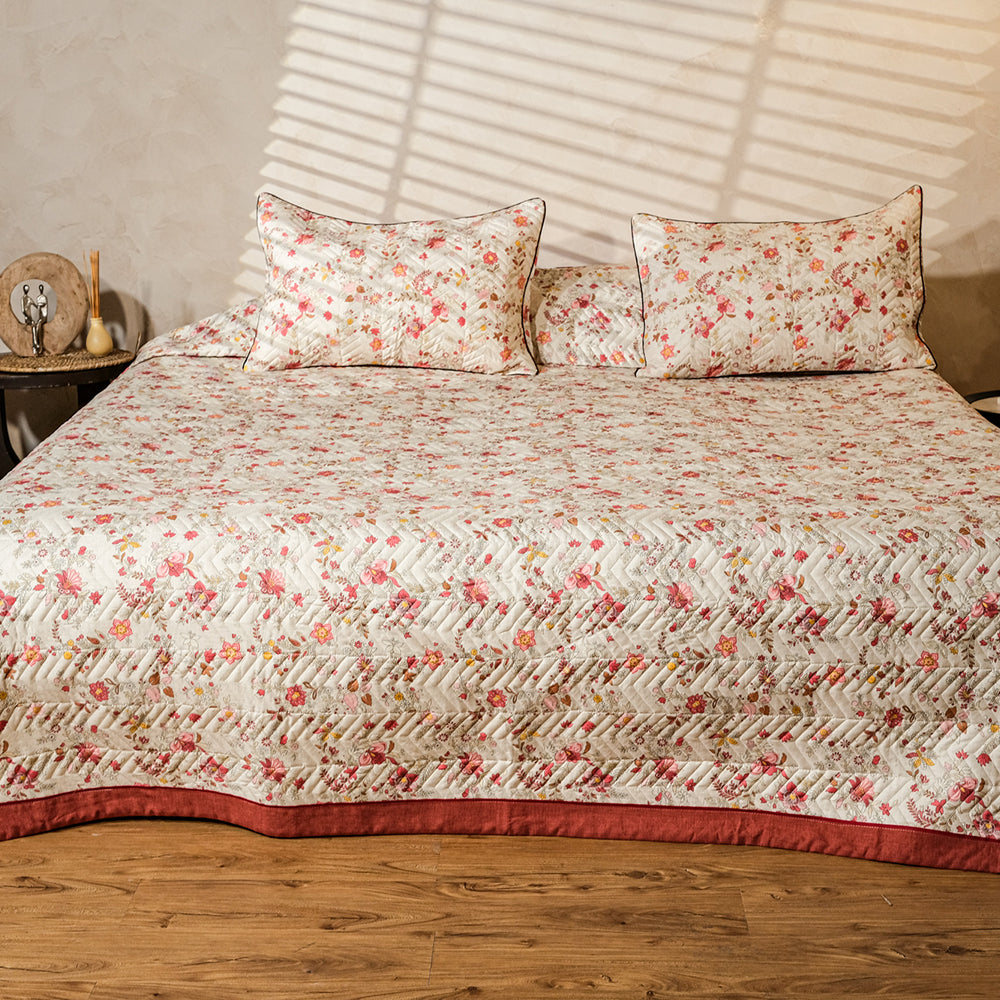 Pure Cotton- Ivory, Orange &amp; Yellow Floral Quilted Bed Cover