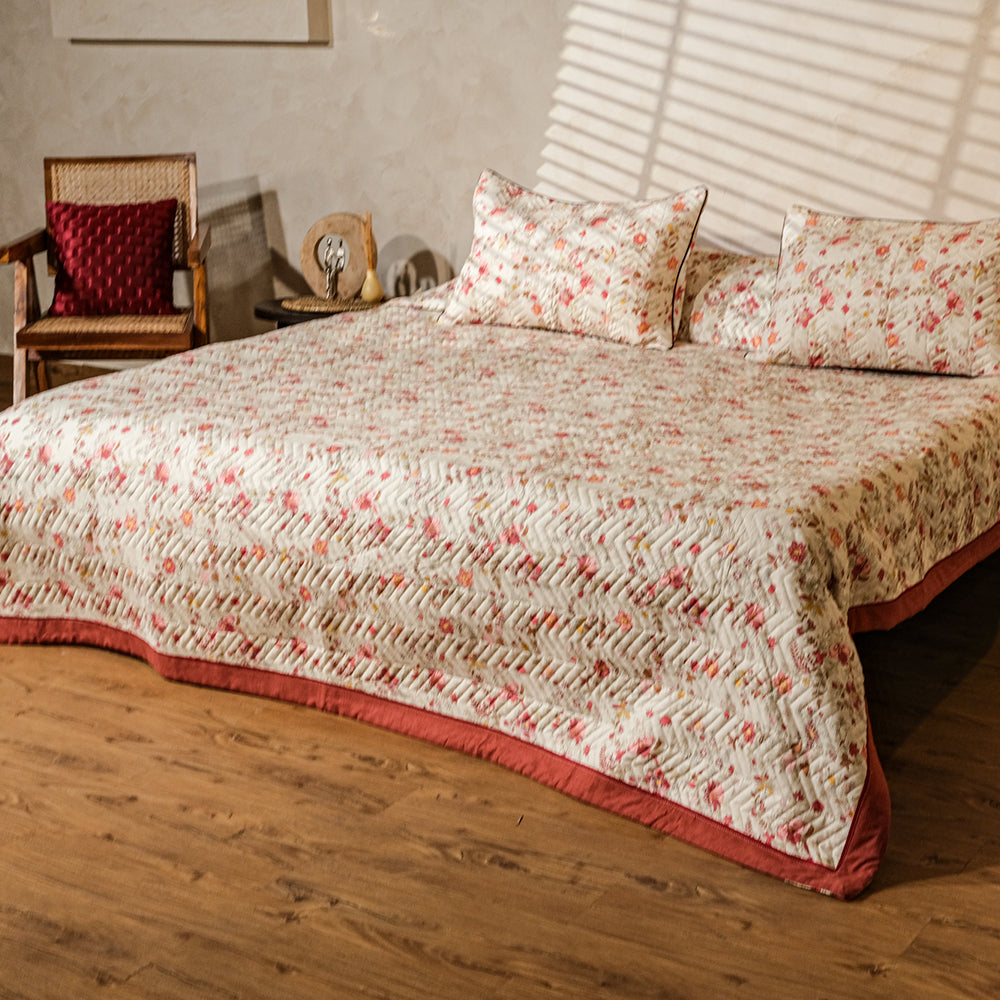 Pure Cotton- Ivory, Orange &amp; Yellow Floral Quilted Bed Cover