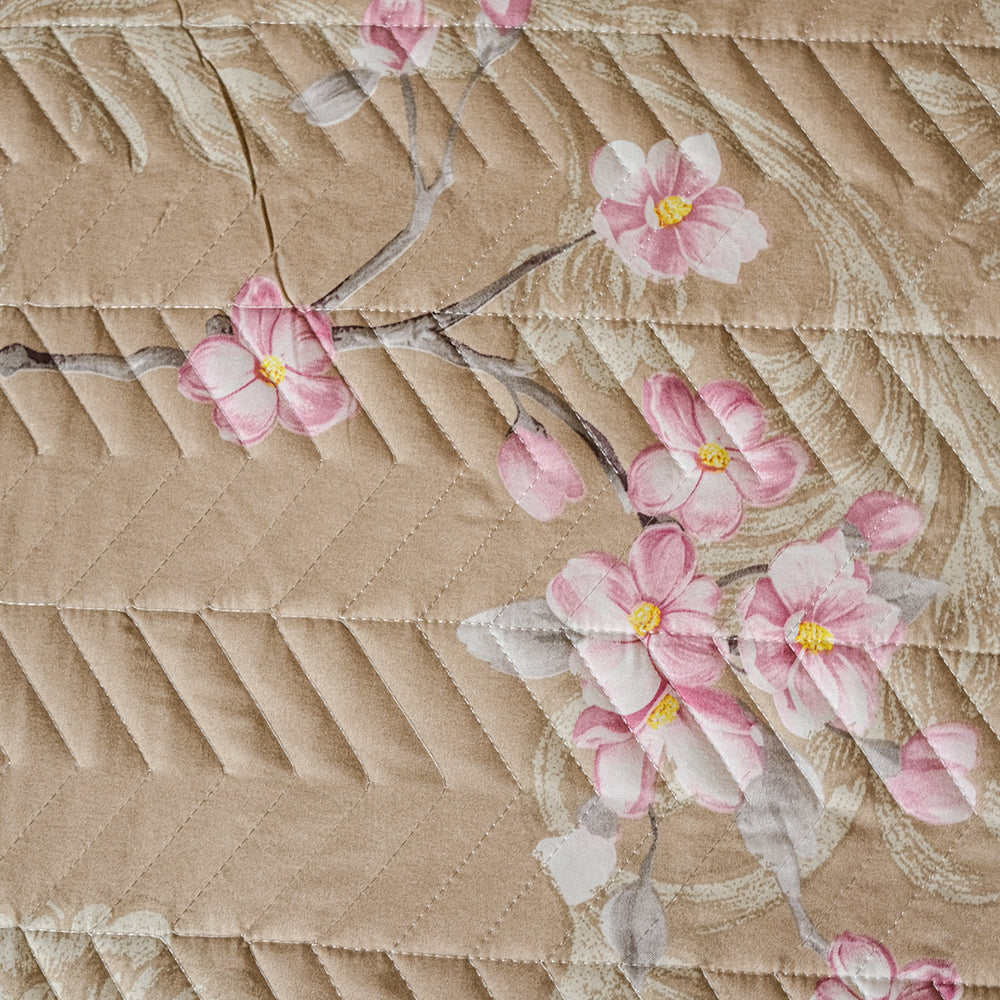 Pure Cotton- Beige &amp; Pink Floral Quilted Bed Cover