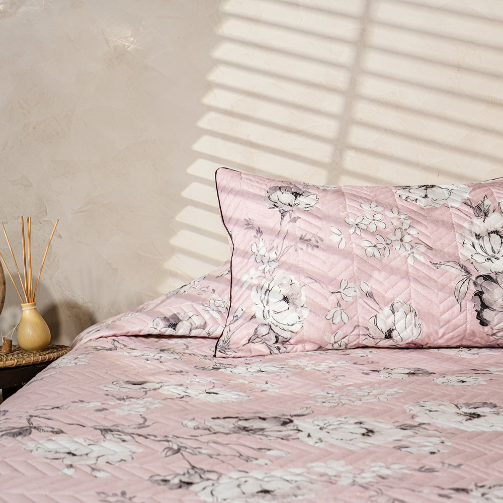 Pure Cotton- Soft Pink Floral Quilted Bedcover