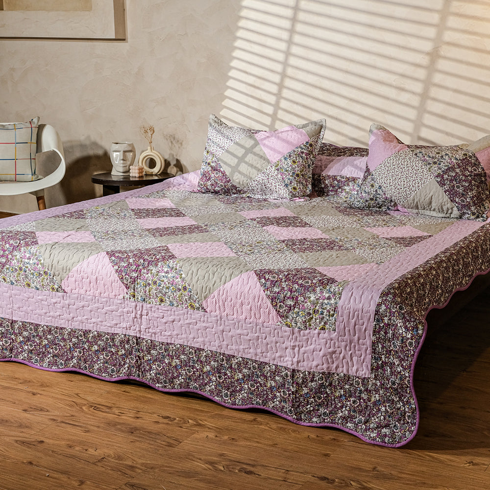 Purple, Beige And Pink Patchwork Bedcover