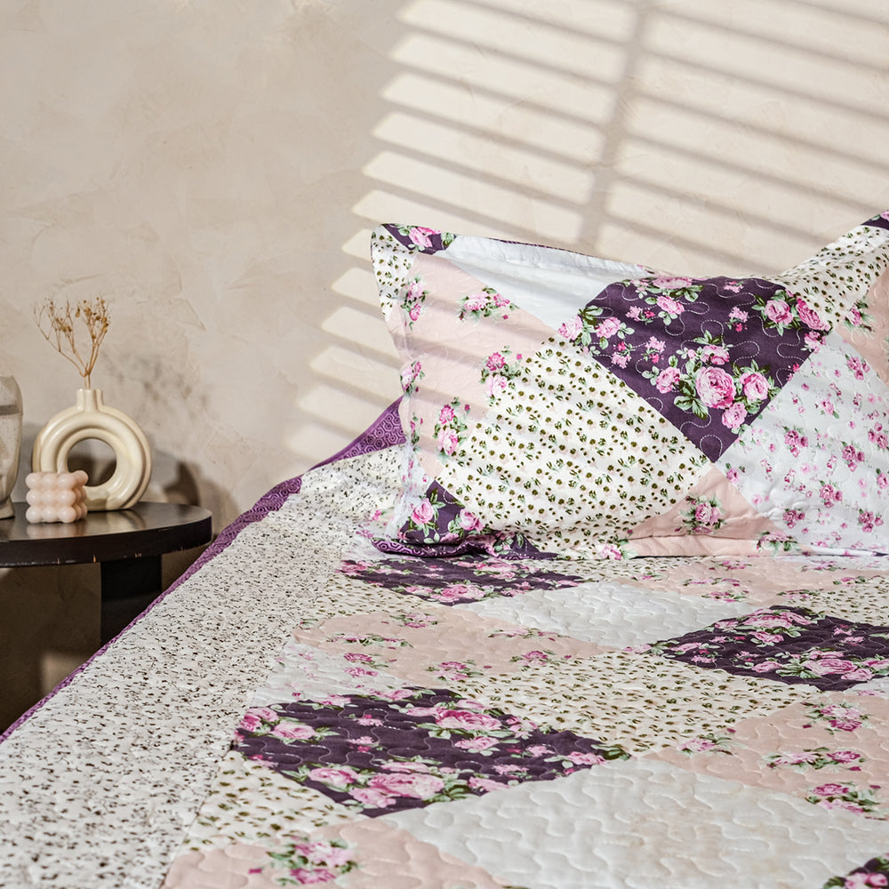 Ivory, Beige And Purple Patchwork Bedcover