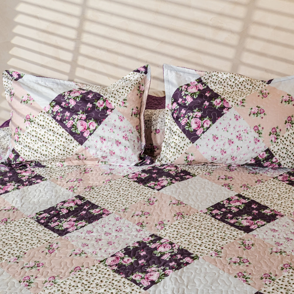 Ivory, Beige And Purple Patchwork Bedcover