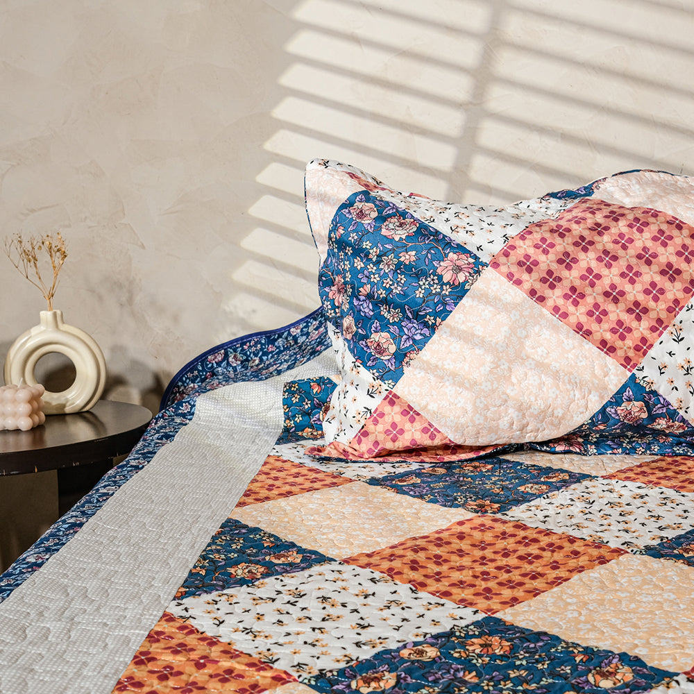 Ivory , Orange And Blue Patchwork Bedcover