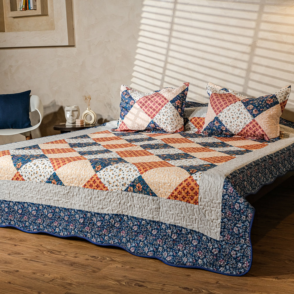 Ivory , Orange And Blue Patchwork Bedcover