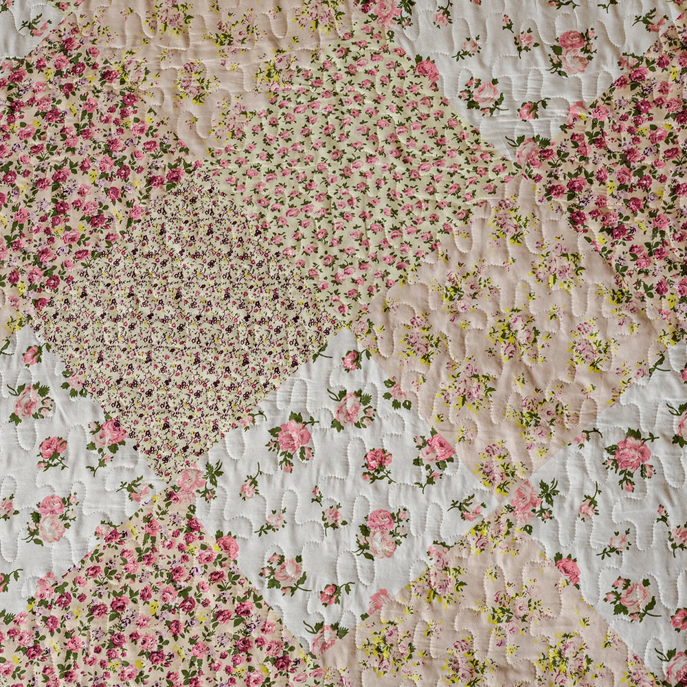 Beige And Green Floral Patch Work Bedcover