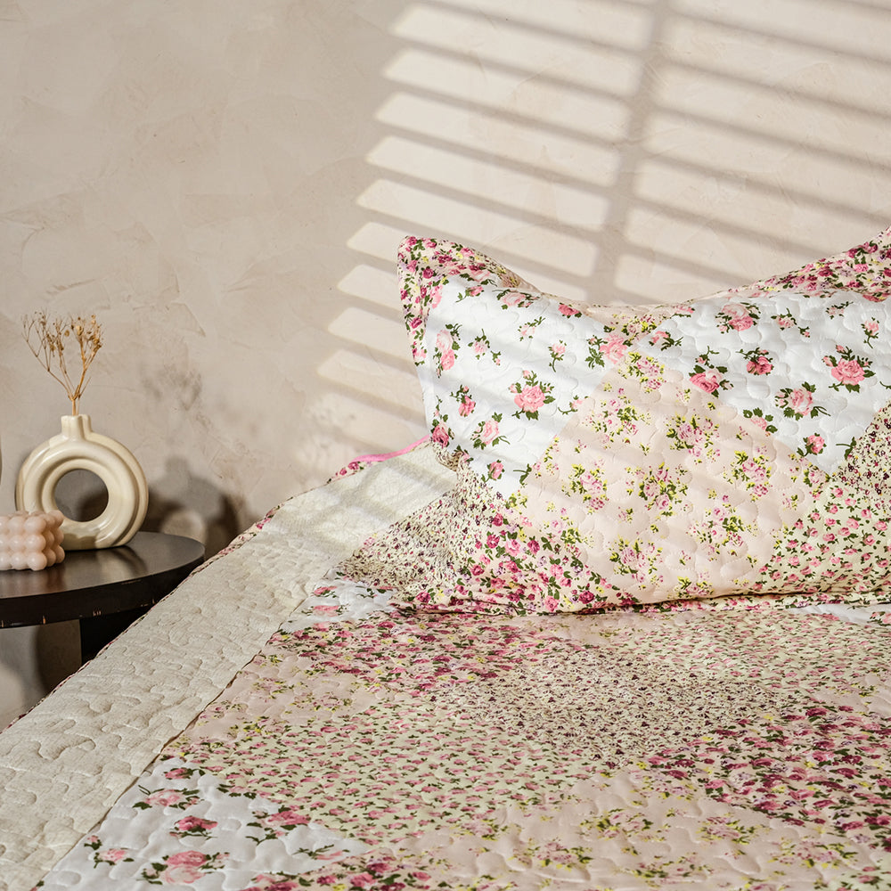 Beige And Green Floral Patch Work Bedcover