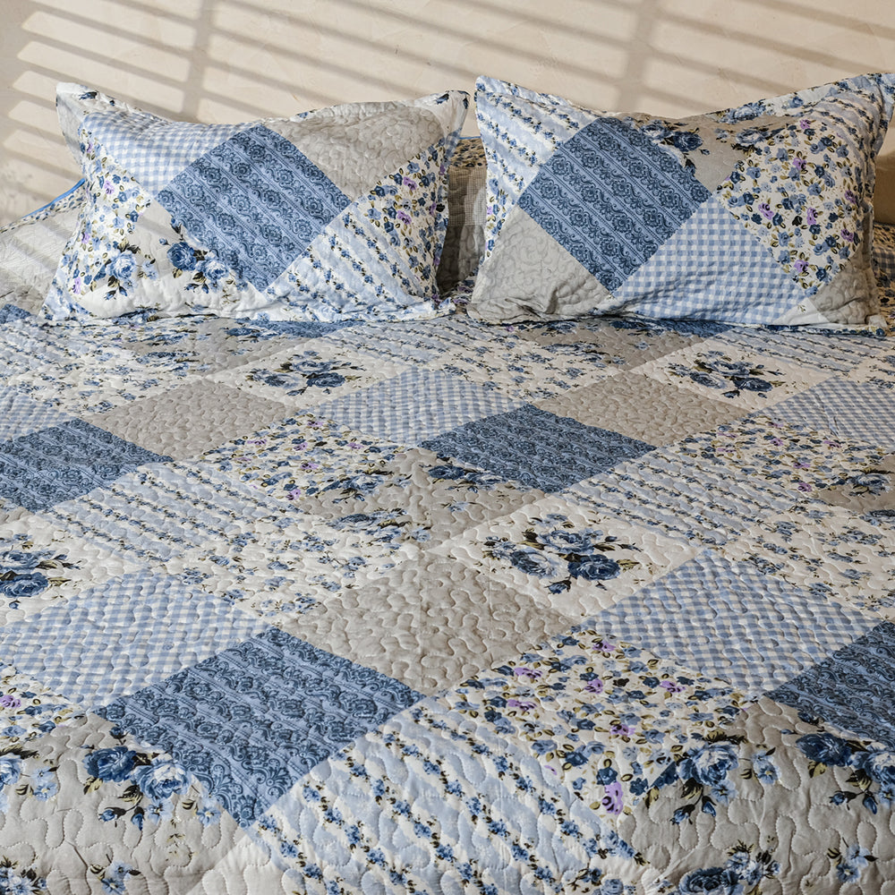 Grey &amp; Blue Patchwork Bedcover