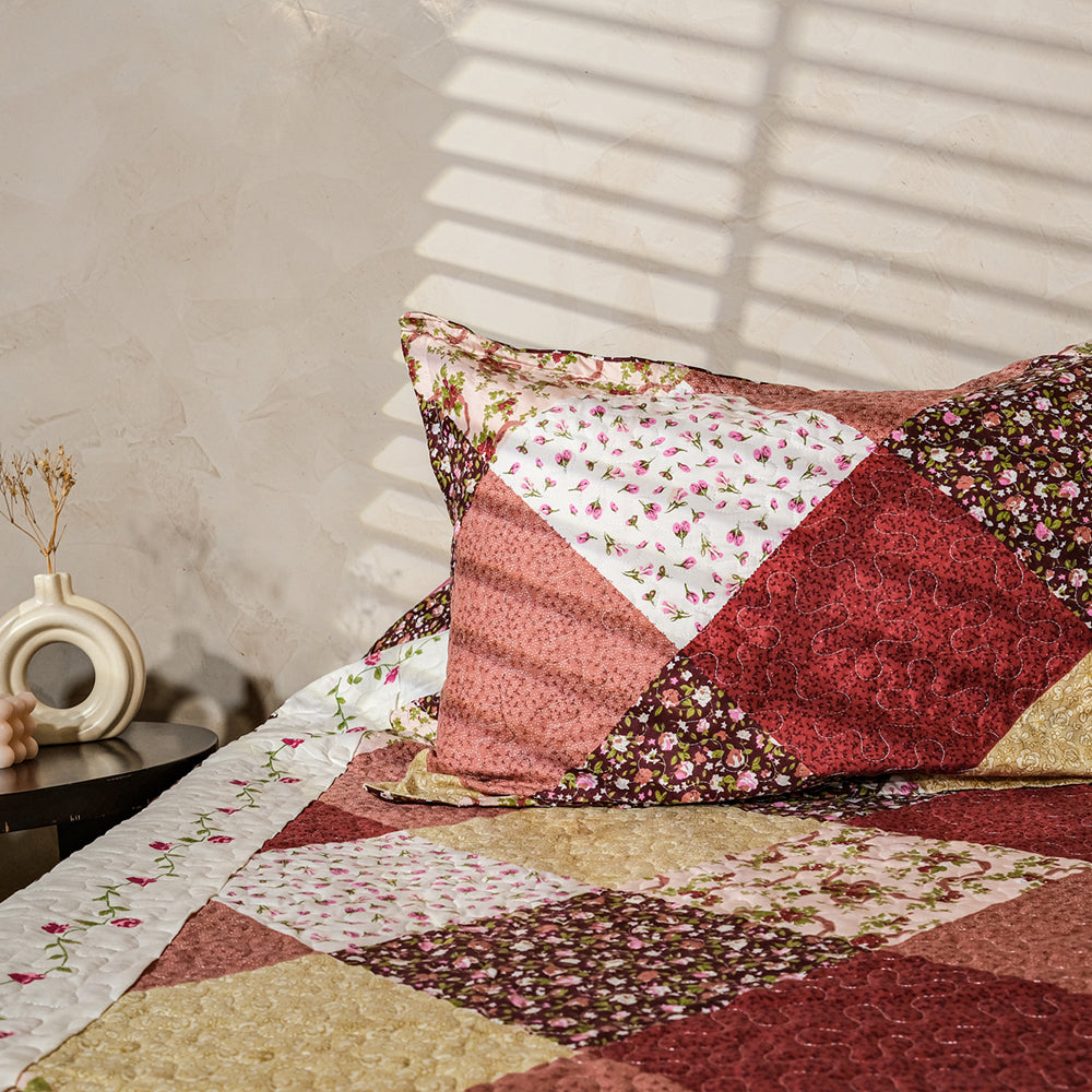 Maroon , Brown &amp; Beige Patchwork Bedcover