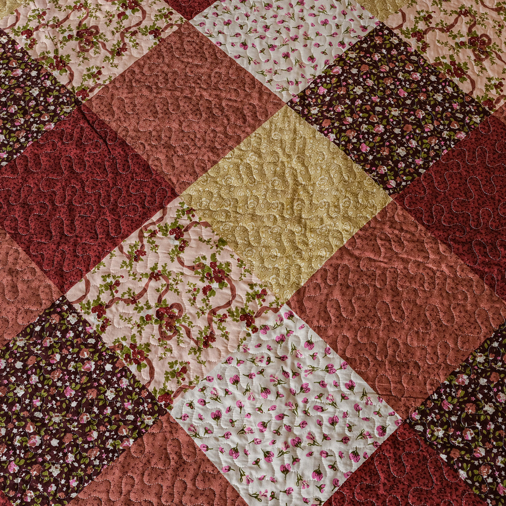 Maroon , Brown &amp; Beige Patchwork Bedcover