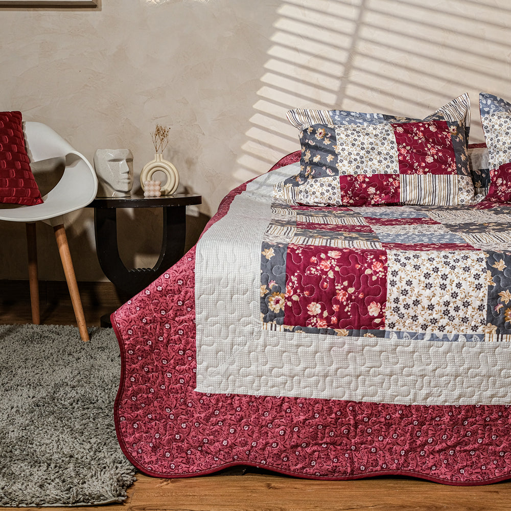 Maroon, Blue, Grey And Ivory Patchwork Bedcover