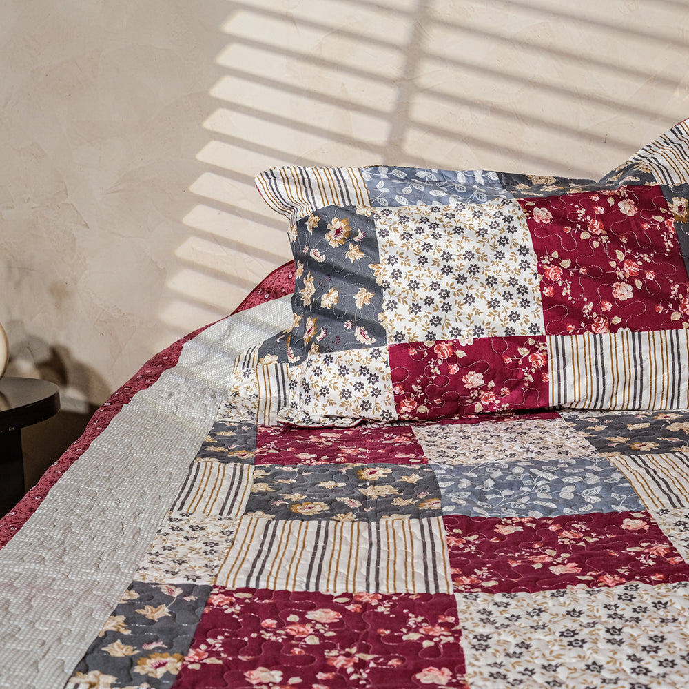 Maroon, Blue, Grey And Ivory Patchwork Bedcover