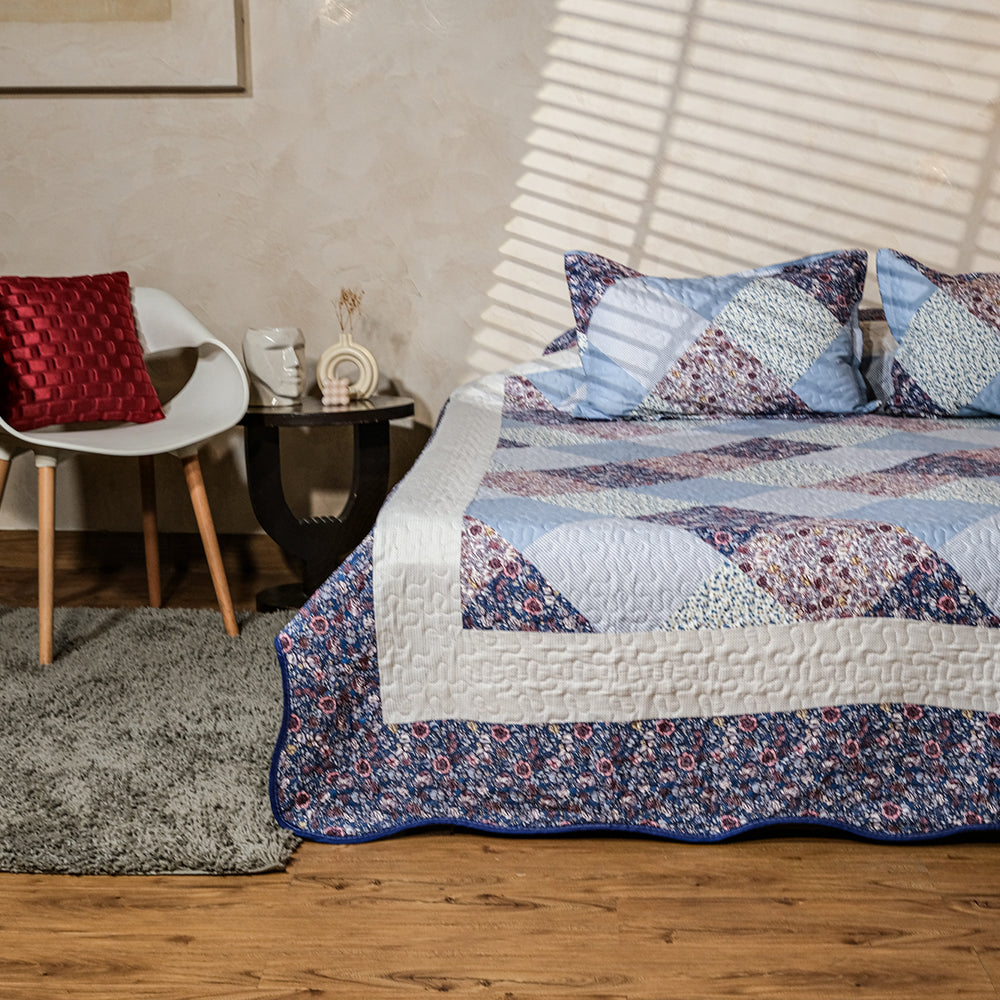 Blue And White Floral Patchwork Bedcover