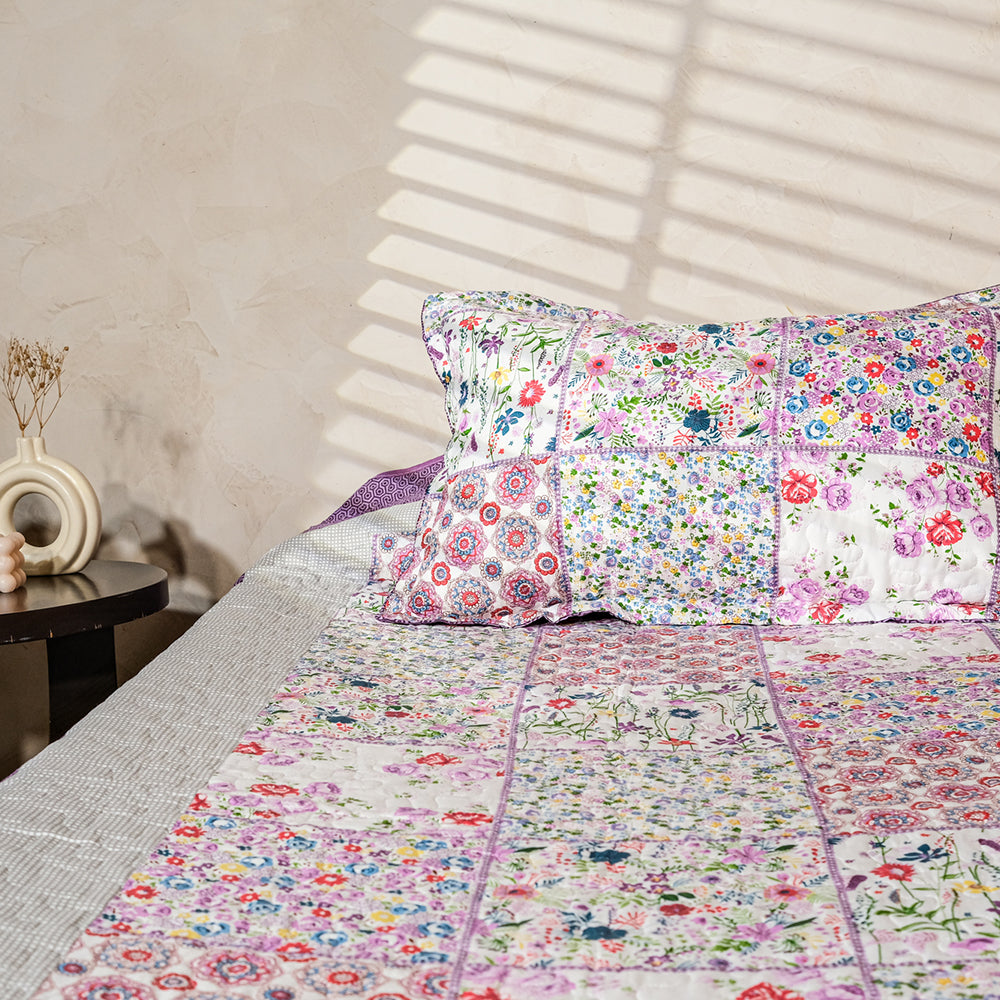 Purple And White Floral Patchwork Bedcover