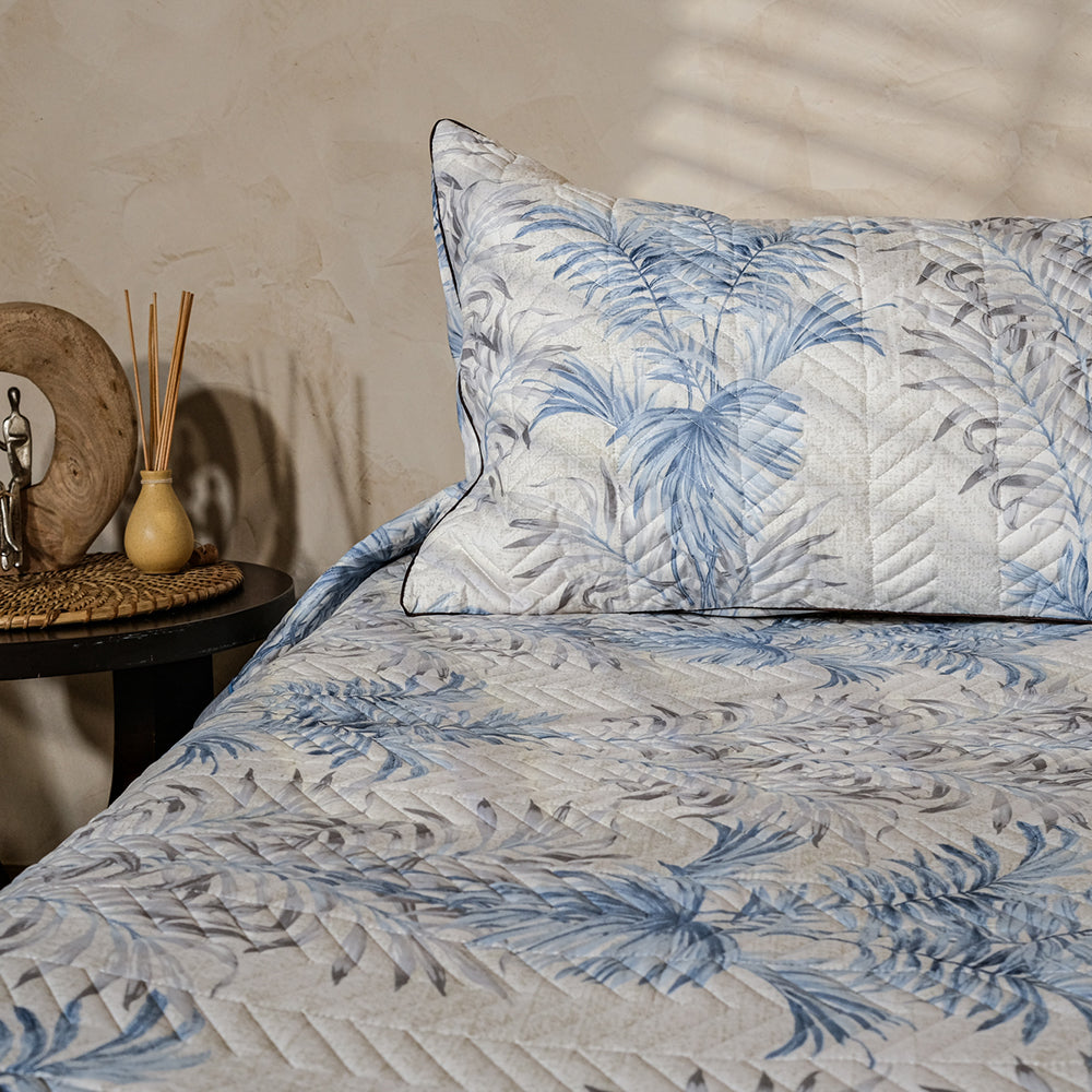 Pure Cotton –Ivory &amp; Blue Leaf Motif Quilted Bedcover