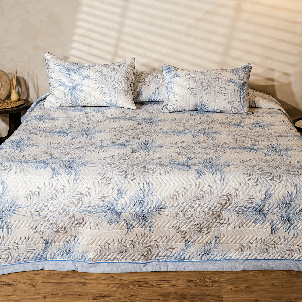 Pure Cotton –Ivory &amp; Blue Leaf Motif Quilted Bedcover