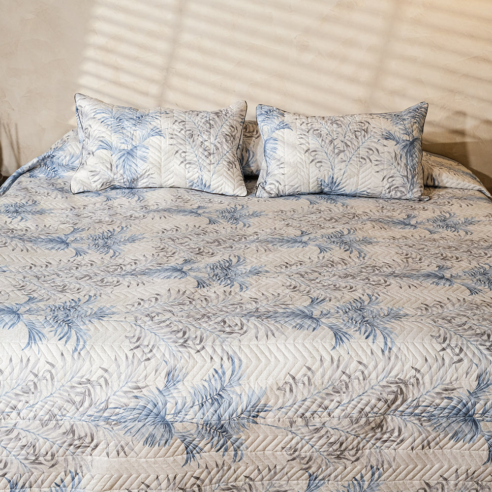 Pure Cotton –Ivory &amp; Blue Leaf Motif Quilted Bedcover