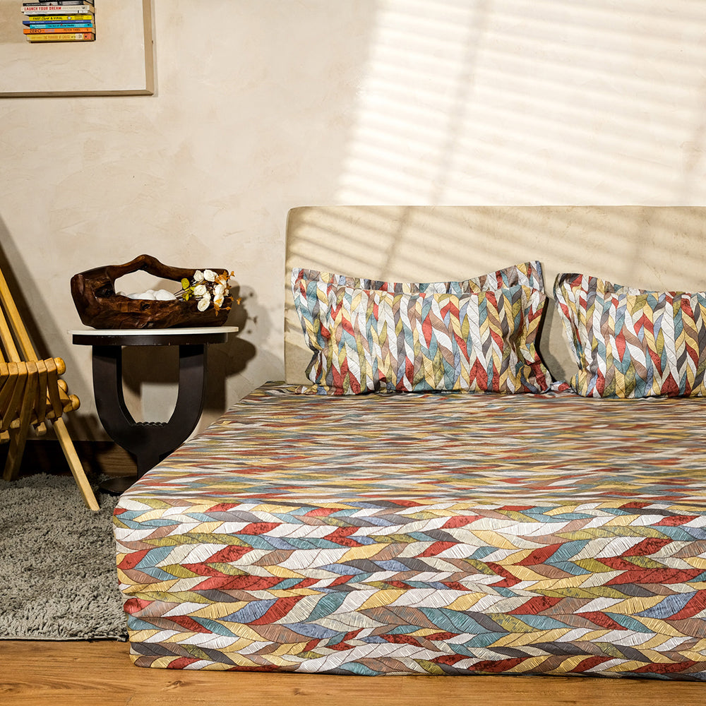 Pure Cotton -Ivory, mustard &amp; brown zig zag bedsheet