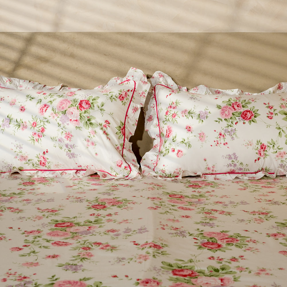 Pure Cotton -White, pink &amp; peach floral bedsheet