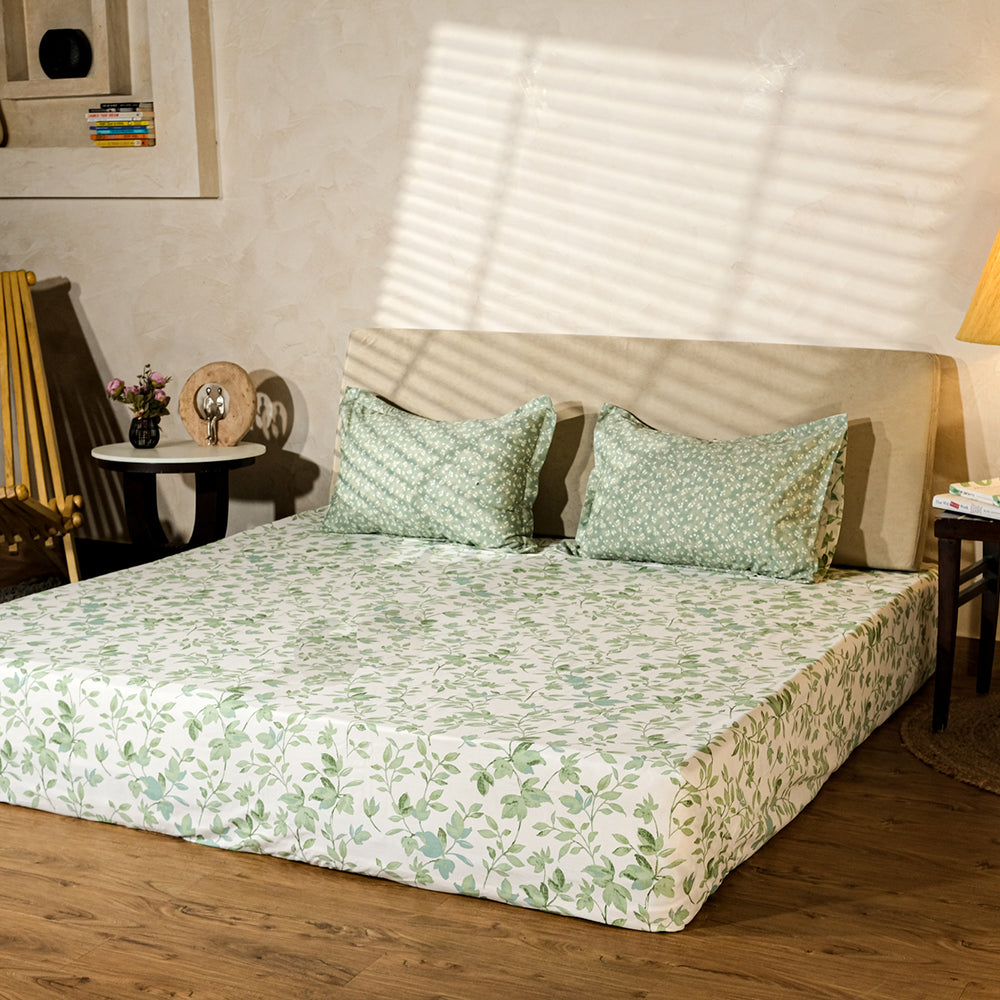 Pure Cotton -White &amp; green leaf bedsheet