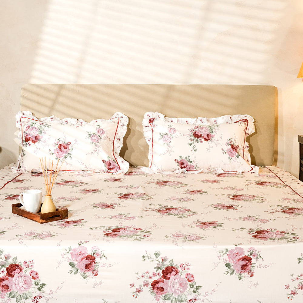 Pure Cotton -White &amp; pink floral bedsheet