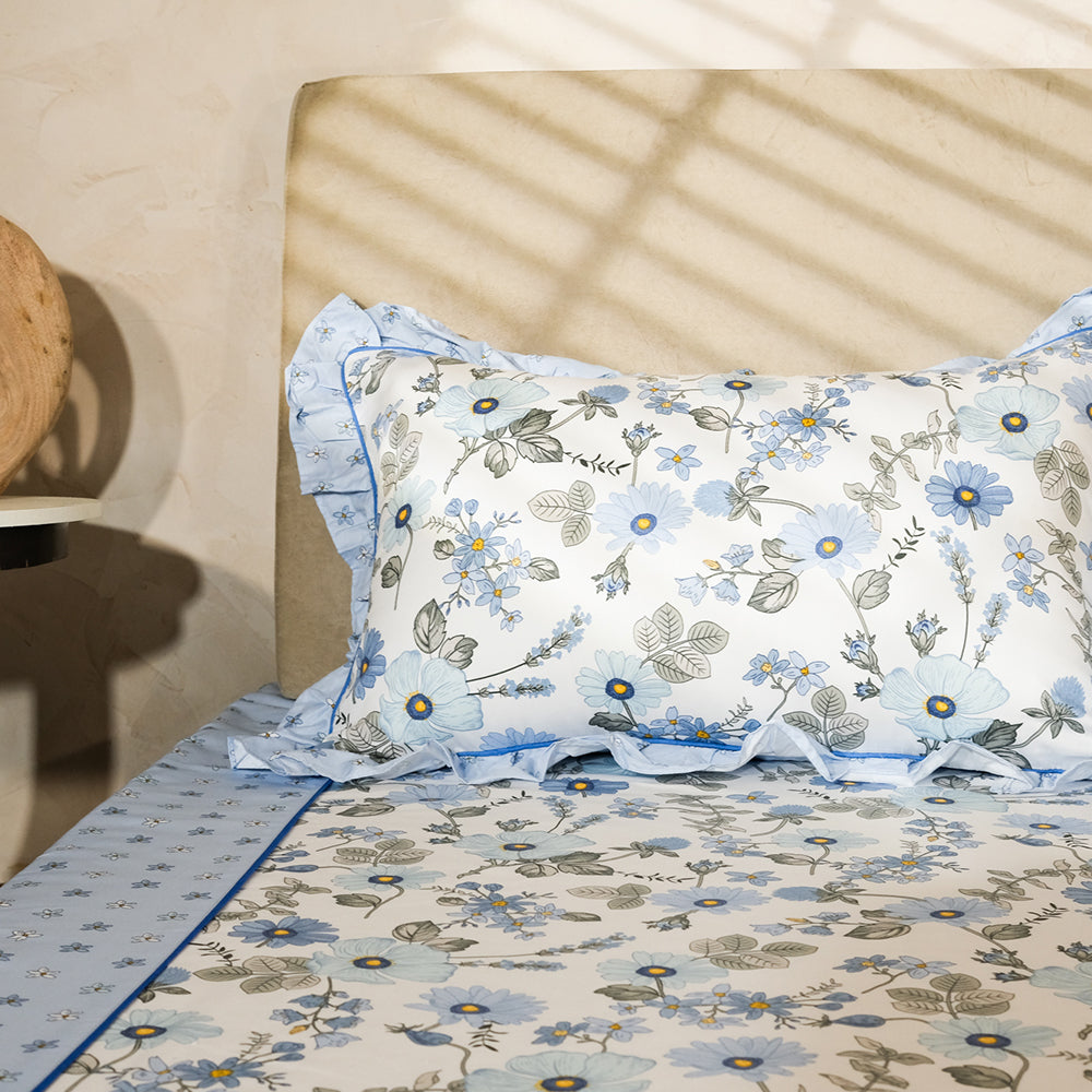 Pure Cotton -Ivory &amp; blue floral bedsheet