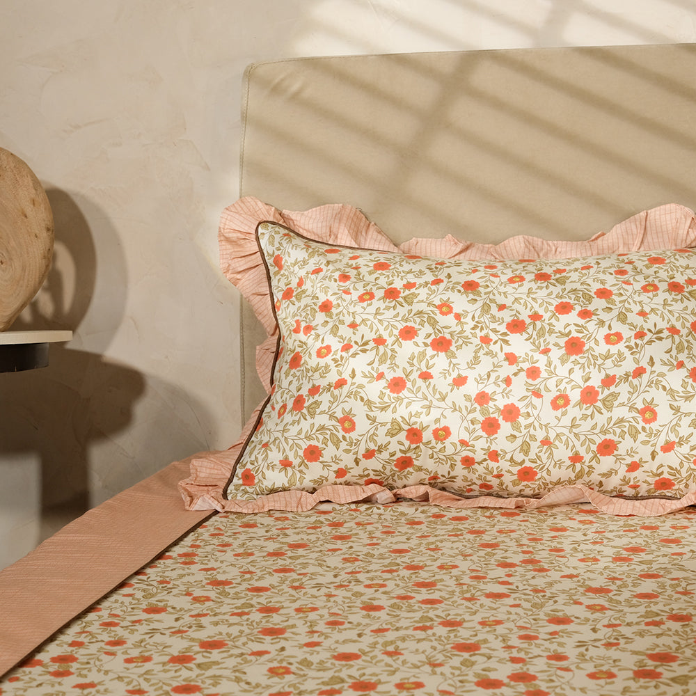 Pure Cotton -Peach &amp; white floral bedsheet