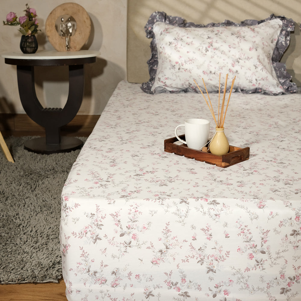 Pure Cotton -Ivory &amp; grey floral bedsheet