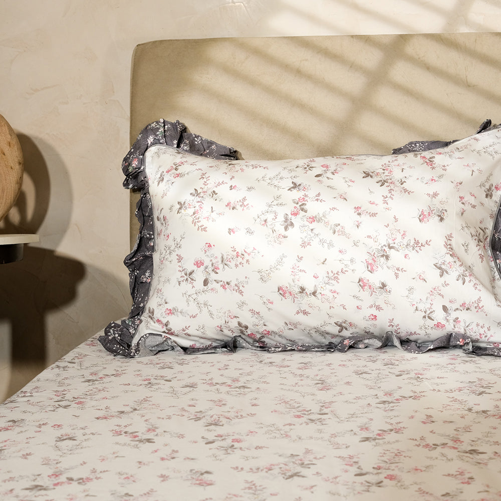 Pure Cotton -Ivory &amp; grey floral bedsheet