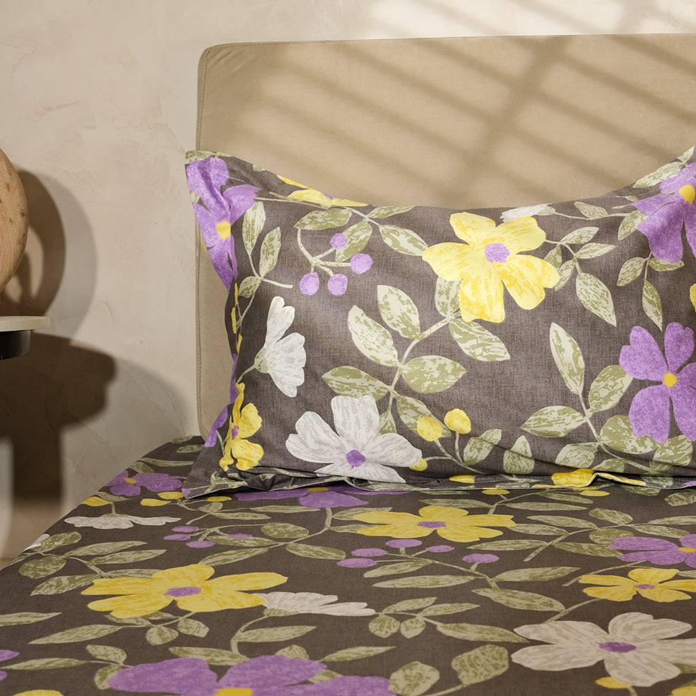 Pure Cotton -Dark Grey multicolor floral bedsheet