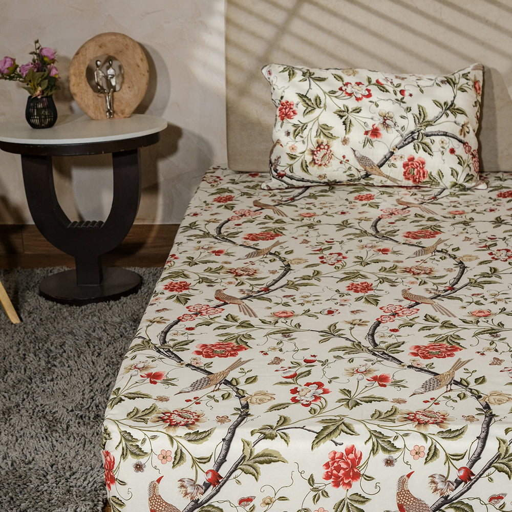 Pure Cotton -Ivory base bird and floral print bedsheet