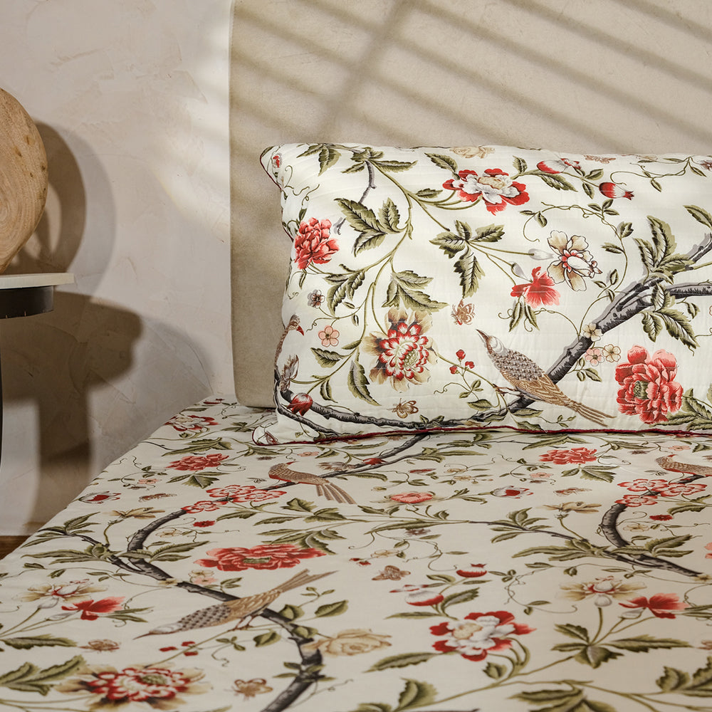 Pure Cotton -Ivory base bird and floral print bedsheet
