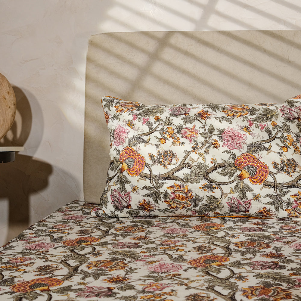 Pure Cotton -Ivory &amp; orange  floral bedsheet